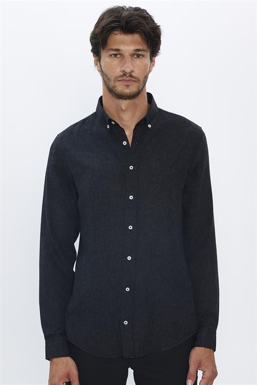 Slim Fit Uzun Kollu Düğmeli Yaka Kışlık Yün Viskon Düz Gömlek