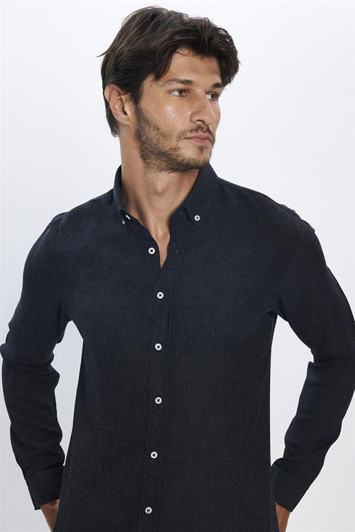 Slim Fit Uzun Kollu Düğmeli Yaka Kışlık Yün Viskon Düz Gömlek