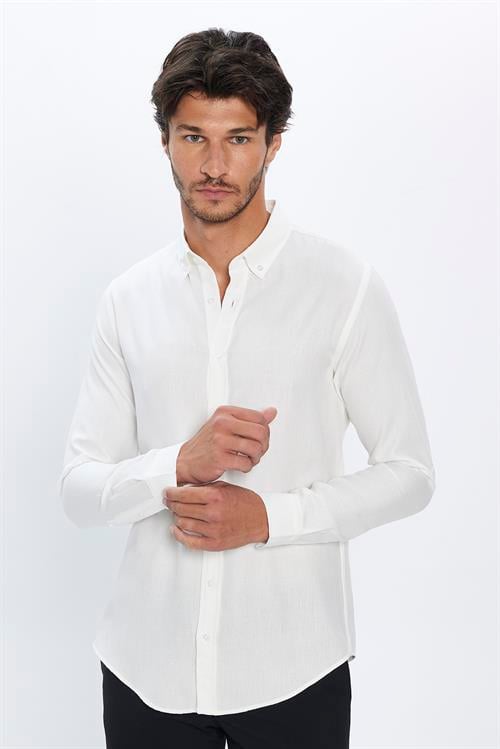 Erkek Slim Fit Dar Kesim Yün Viskon Düğmeli yaka Beyaz Düz Gömlek