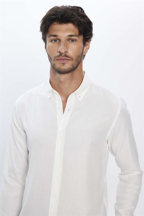 Erkek Slim Fit Dar Kesim Yün Viskon Düğmeli yaka Beyaz Düz Gömlek