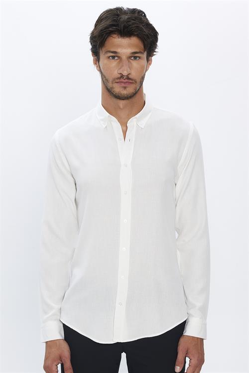 Erkek Slim Fit Dar Kesim Yün Viskon Düğmeli yaka Beyaz Düz Gömlek
