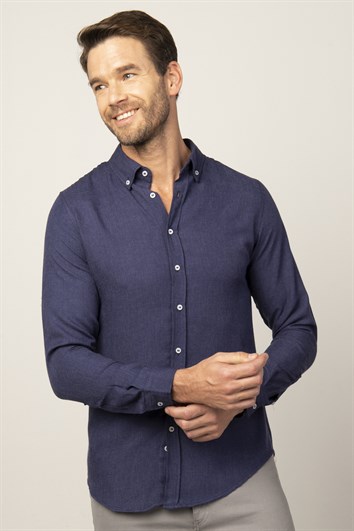 Slim Fit Uzun Kollu Düğmeli Yaka Kışlık Yün Viskon Düz Gömlek