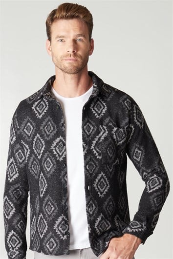 Slim Fit Uzun Kollu Tek Cep Kışlık Etnik Desen Spor Erkek Gömlek