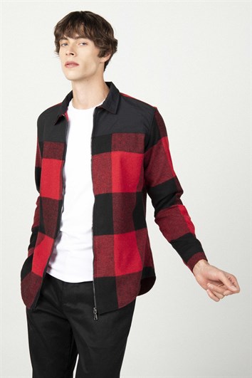 Slim Fit Uzun Kollu Kışlık Oduncu Fermuarlı Parçalı Erkek Gömlek