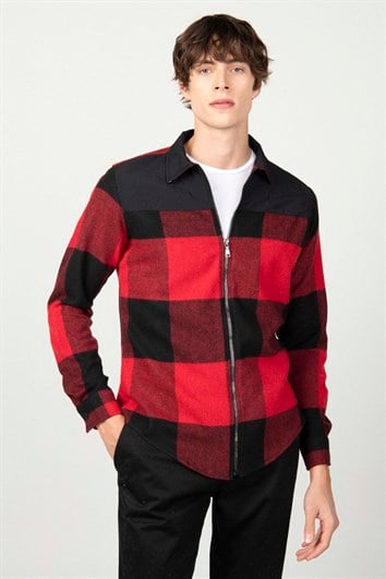 Slim Fit Uzun Kollu Kışlık Oduncu Fermuarlı Parçalı Erkek Gömlek