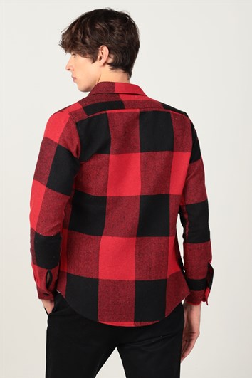 Slim Fit Uzun Kollu Kareli Tek Cepli Kışlık Oduncu Erkek Kırmızı Gömlek