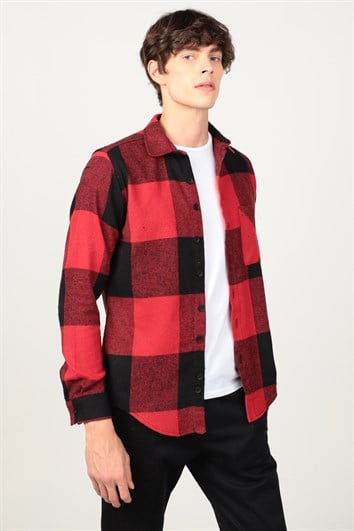 Slim Fit Uzun Kollu Kareli Tek Cepli Kışlık Oduncu Erkek Kırmızı Gömlek