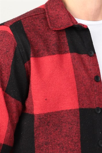 Slim Fit Uzun Kollu Kareli Tek Cepli Kışlık Oduncu Erkek Kırmızı Gömlek