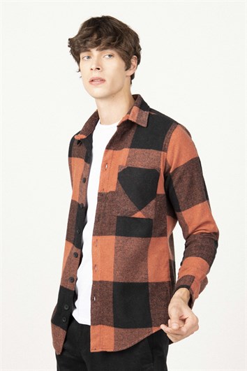 Slim Fit Uzun Kollu Kareli Tek Cepli Kışlık Oduncu Erkek Siyah Gömlek