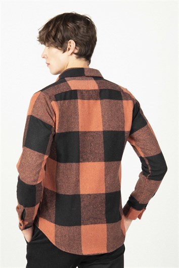 Slim Fit Uzun Kollu Kareli Tek Cepli Kışlık Oduncu Erkek Siyah Gömlek