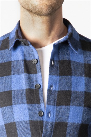 Slim Fit Uzun Kollu Kışlık Oduncu Kareli Erkek Sax Mavi Gömlek