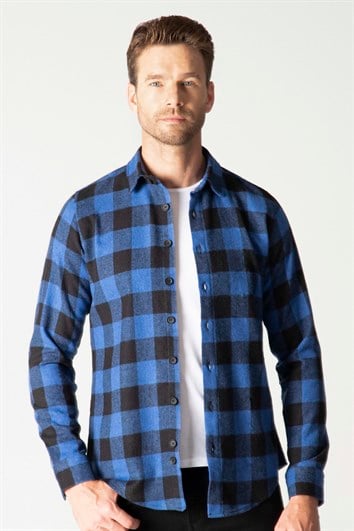Slim Fit Uzun Kollu Kışlık Oduncu Kareli Erkek Sax Mavi Gömlek
