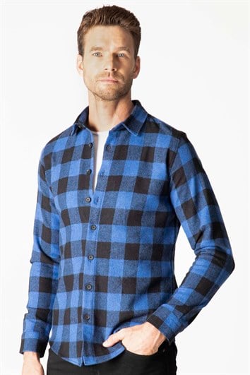 Slim Fit Uzun Kollu Kışlık Oduncu Kareli Erkek Sax Mavi Gömlek
