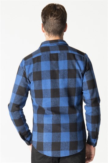 Slim Fit Uzun Kollu Kışlık Oduncu Kareli Erkek Sax Mavi Gömlek