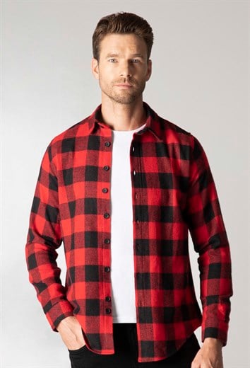 Slim Fit Uzun Kollu Kışlık Oduncu Kareli Erkek Kırmızı Gömlek