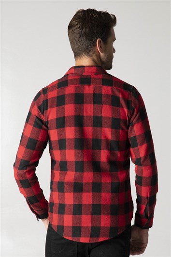 Slim Fit Uzun Kollu Kışlık Oduncu Kareli Erkek Kırmızı Gömlek