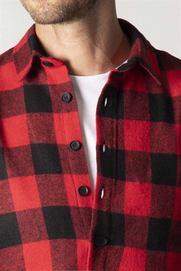 Slim Fit Uzun Kollu Kışlık Oduncu Kareli Erkek Kırmızı Gömlek