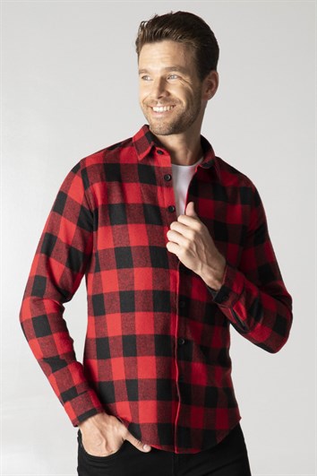 Slim Fit Uzun Kollu Kışlık Oduncu Kareli Erkek Kırmızı Gömlek