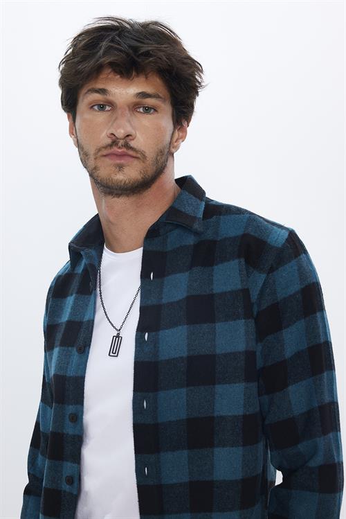Slim Fit Uzun Kollu Kareli Kışlık Oduncu Erkek Petrol Gömlek