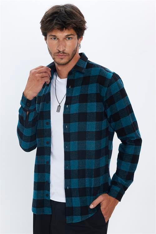 Slim Fit Uzun Kollu Kareli Kışlık Oduncu Erkek Petrol Gömlek