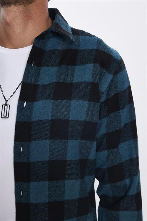 Slim Fit Uzun Kollu Kareli Kışlık Oduncu Erkek Petrol Gömlek