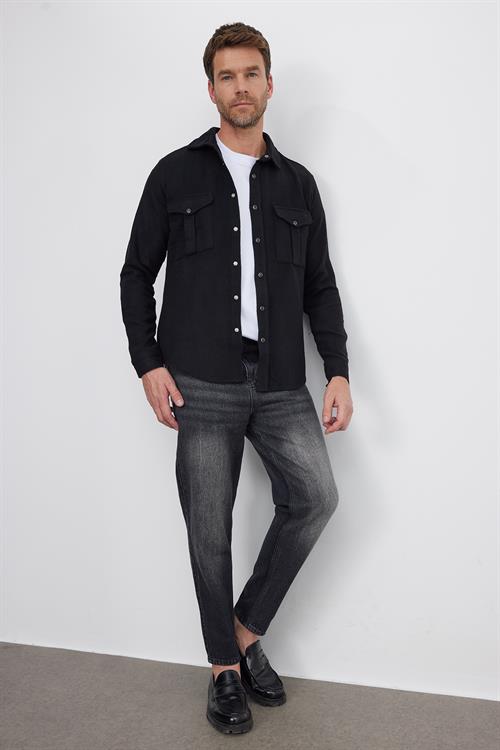 Slim Fit Uzun Kollu Kışlık Oduncu Çift Cep Kapaklı Düz Unisex Siyah Gömlek