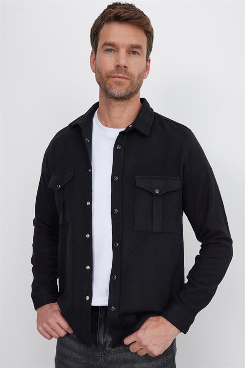 Slim Fit Uzun Kollu Kışlık Oduncu Çift Cep Kapaklı Düz Unisex Siyah Gömlek