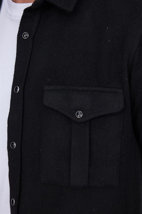 Slim Fit Uzun Kollu Kışlık Oduncu Çift Cep Kapaklı Düz Unisex Siyah Gömlek