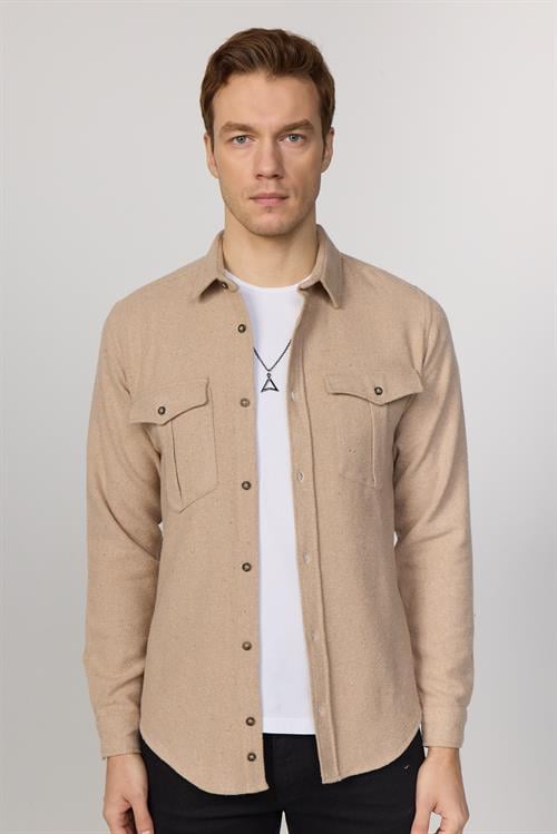 Slim Fit Uzun Kollu Kışlık Oduncu Çift Cep Kapaklı Düz Taş Erkek Gömlek