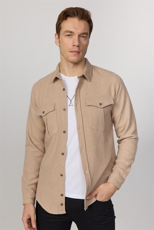 Slim Fit Uzun Kollu Kışlık Oduncu Çift Cep Kapaklı Düz Taş Erkek Gömlek