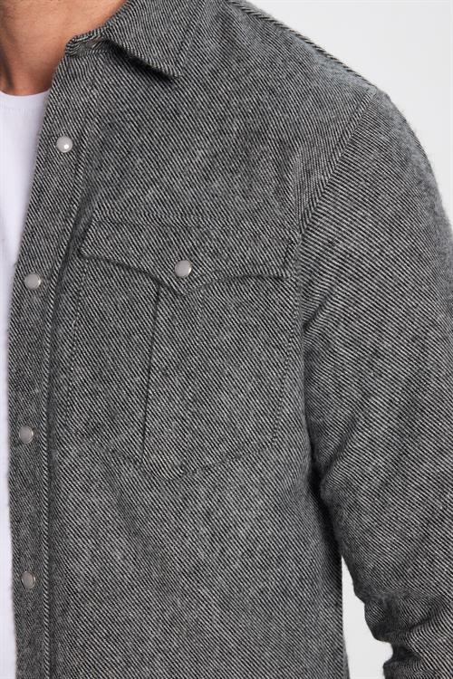 Erkek Slim Fit Dar Kesim Oduncu Çift Cepli Kapaklı Düz Gri Kışlık Gömlek