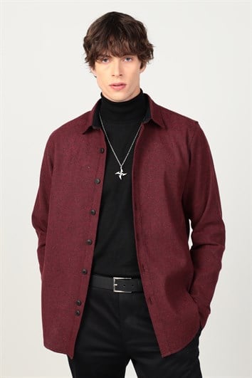 Slim Fit Uzun Kollu Kışlık Oduncu Düz Erkek Bordo Gömlek
