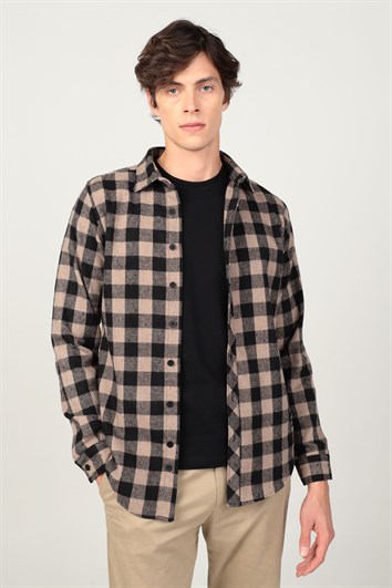 Slim Fit Uzun Kollu Kışlık Oduncu Dama Desen Erkek Kahve Gömlek