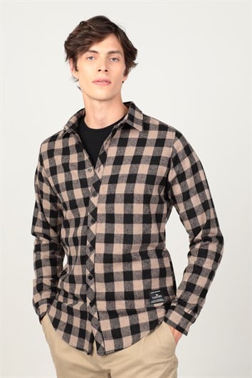 Slim Fit Uzun Kollu Kışlık Oduncu Dama Desen Erkek Kahve Gömlek