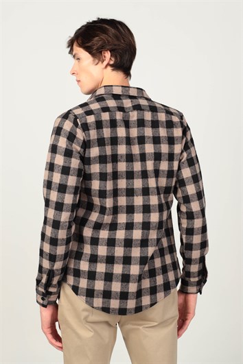 Slim Fit Uzun Kollu Kışlık Oduncu Dama Desen Erkek Kahve Gömlek