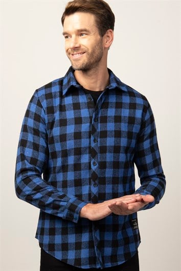 Slim Fit Uzun Kollu Kışlık Oduncu Dama Desen Erkek Sax Mavi Gömlek - 1 Alana 1 Bedava