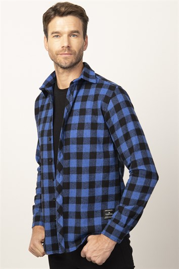 Slim Fit Uzun Kollu Kışlık Oduncu Dama Desen Erkek Sax Mavi Gömlek