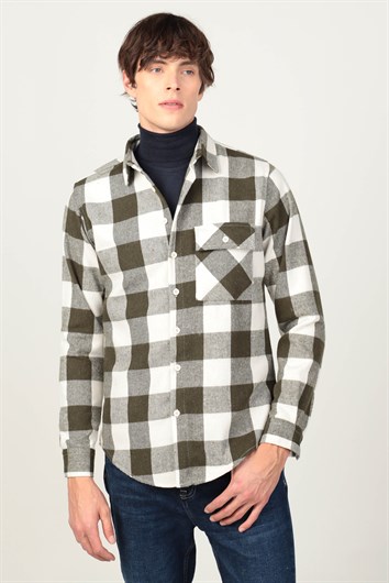 Slim Fit Uzun Kollu Kışlık Oduncu Kapaklı Tek Cep Dama Desen Haki Gömlek