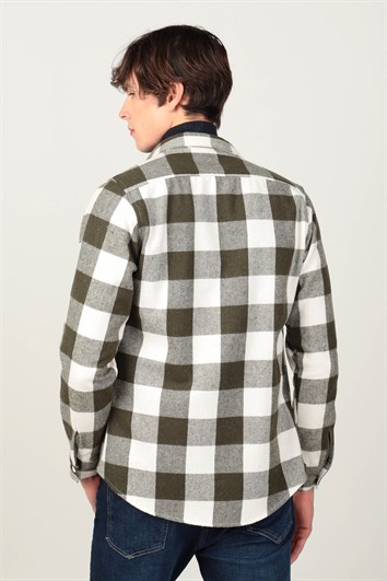 Slim Fit Uzun Kollu Kışlık Oduncu Kapaklı Tek Cep Dama Desen Haki Gömlek