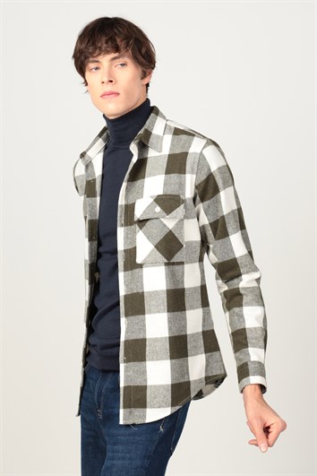 Slim Fit Uzun Kollu Kışlık Oduncu Kapaklı Tek Cep Dama Desen Haki Gömlek