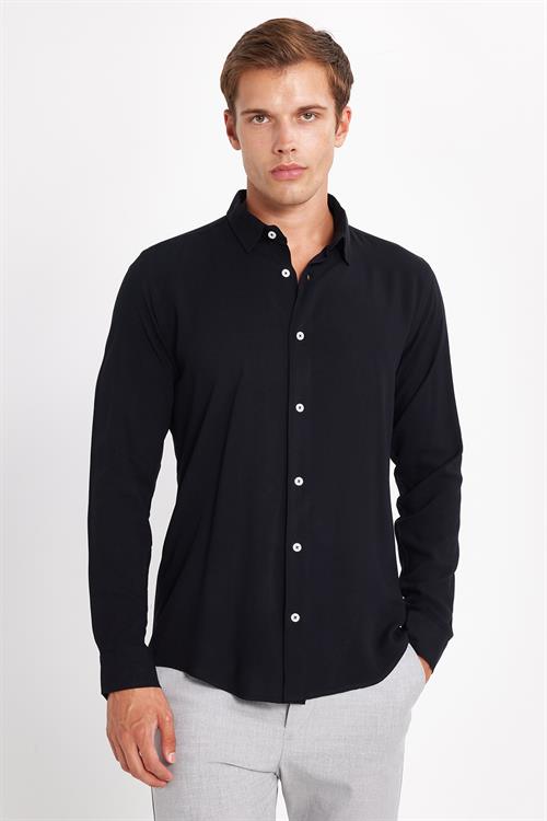 Slim Fit Uzun Kollu Dar Kesim Dökümlü Viskon Şık Erkek Siyah Gömlek