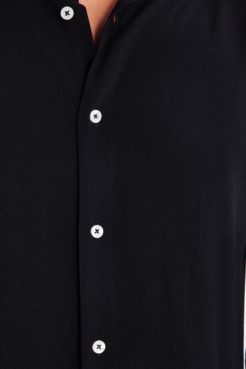Slim Fit Uzun Kollu Dar Kesim Dökümlü Viskon Şık Erkek Siyah Gömlek