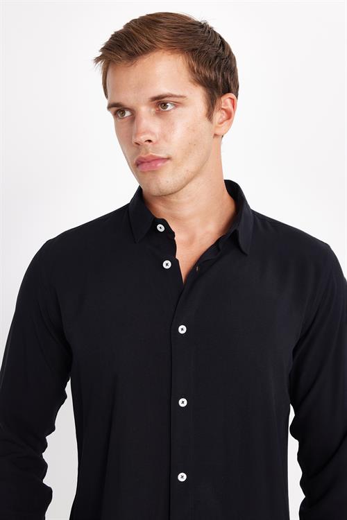 Slim Fit Uzun Kollu Dar Kesim Dökümlü Viskon Şık Erkek Siyah Gömlek