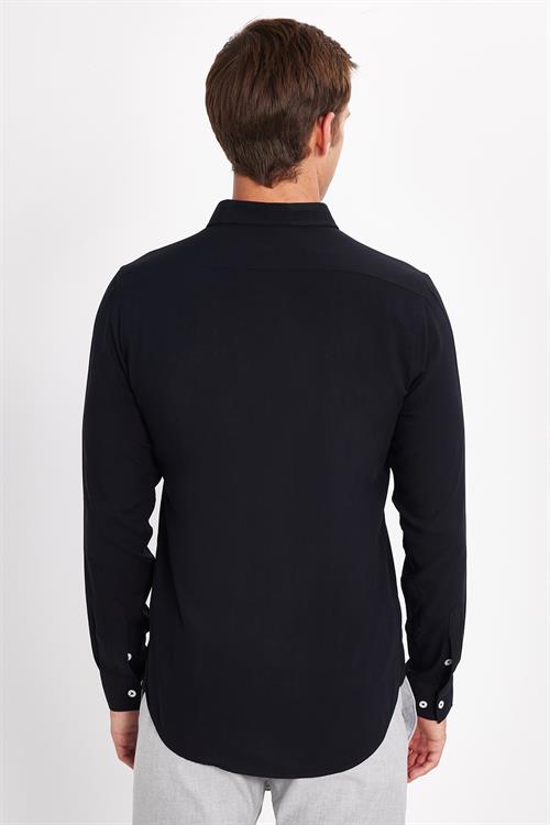Slim Fit Uzun Kollu Dar Kesim Dökümlü Viskon Şık Erkek Siyah Gömlek