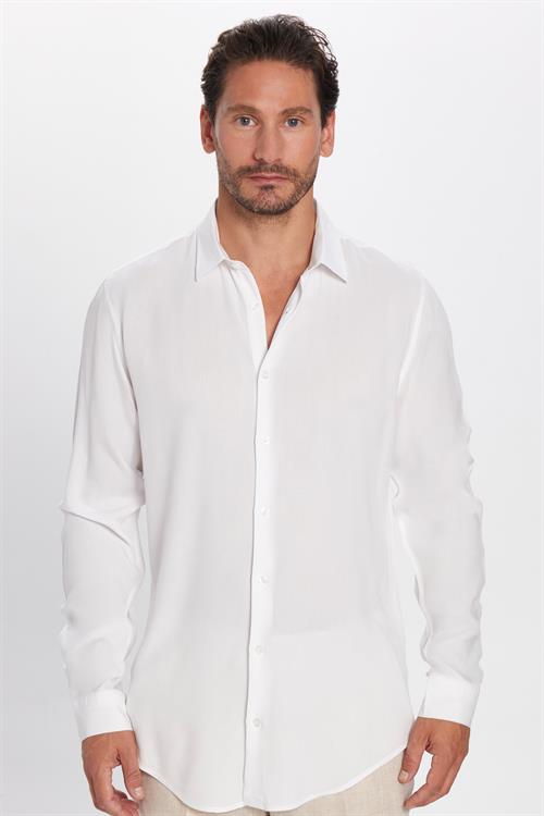 Slim Fit Uzun Kollu Dar Kesim Dökümlü Viskon Şık Erkek Beyaz Gömlek
