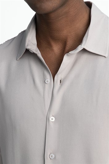 Slim Fit Uzun Kollu Dar Kesim Dökümlü Viskon Şık Erkek Taş Gömlek