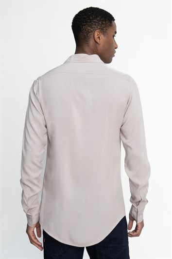 Slim Fit Uzun Kollu Dar Kesim Dökümlü Viskon Şık Erkek Taş Gömlek