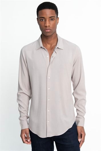 Slim Fit Uzun Kollu Dar Kesim Dökümlü Viskon Şık Erkek Taş Gömlek