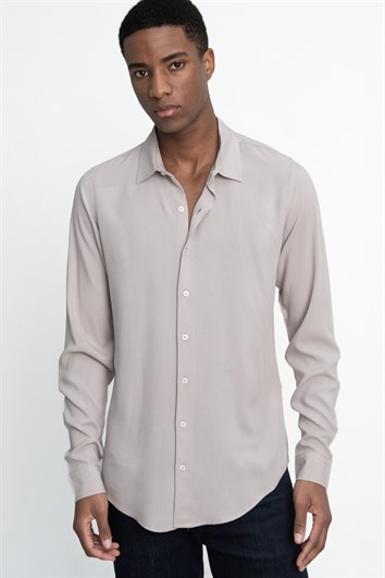 Slim Fit Uzun Kollu Dar Kesim Dökümlü Viskon Şık Erkek Taş Gömlek