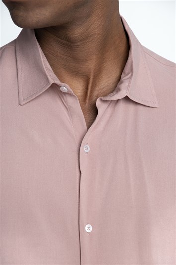 Slim Fit Uzun Kollu Dar Kesim Dökümlü Viskon Şık Erkek Pembe Gömlek